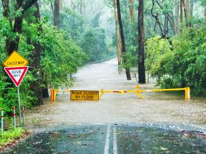 Flooded road and caution sign