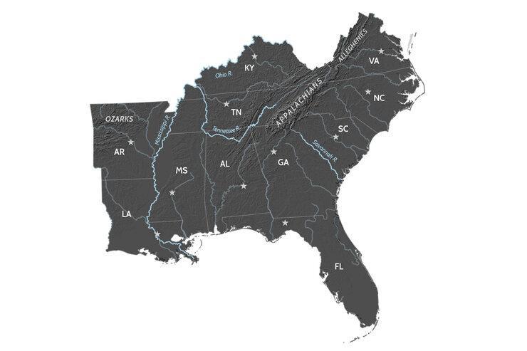 Dark map showing states in southeastern United States