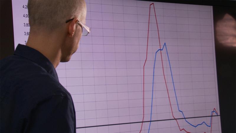 NCAR Scientist David Yates displays a hydrograph.