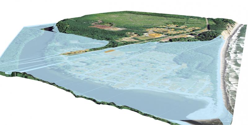 Visualization of the effects of tsunami or sea level rise on the village of Taholah